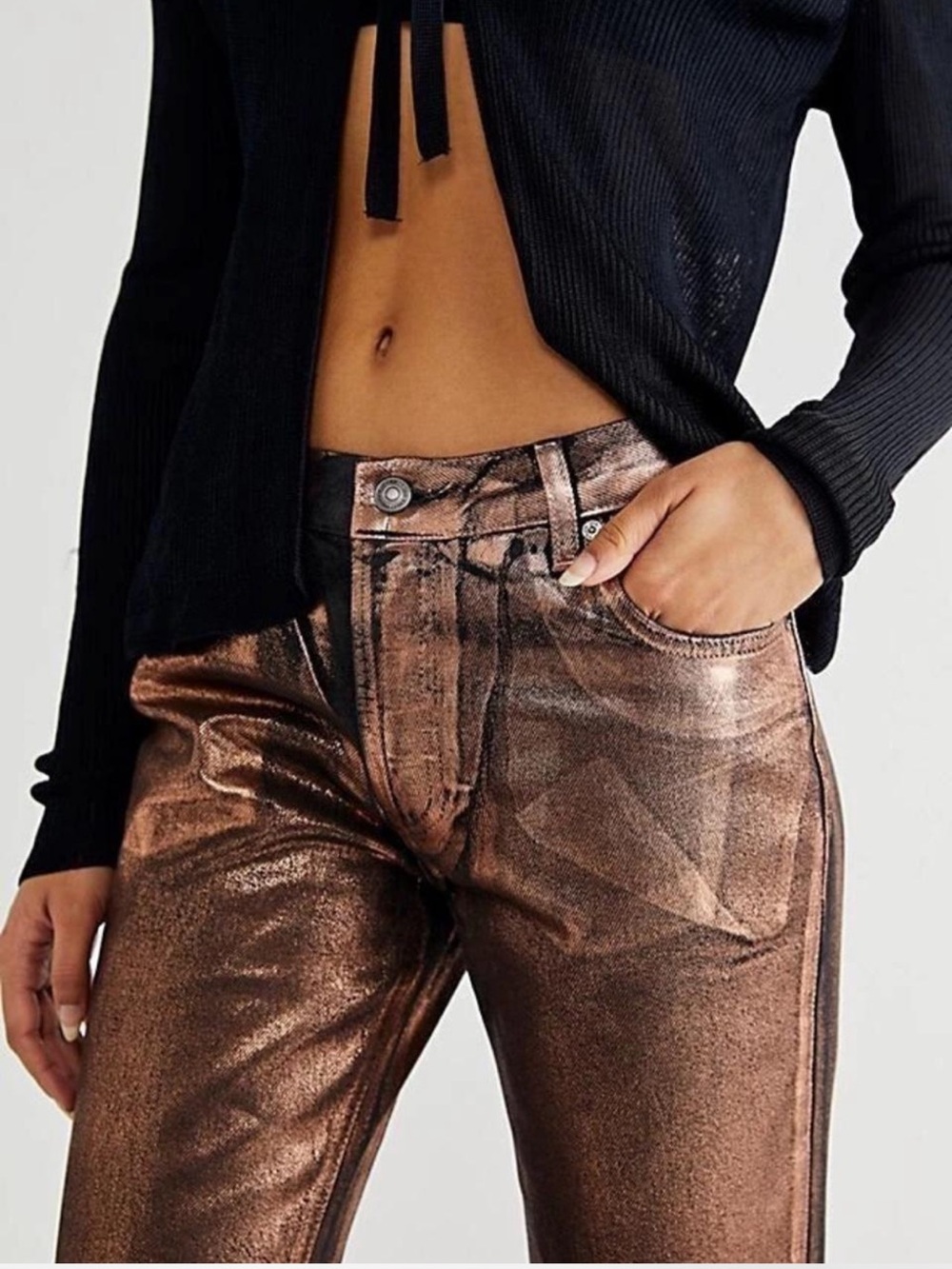 Free People Maggie Metallic Coated Jeans Copper Bronze Raw Hem 25 - Picture 3 of 7